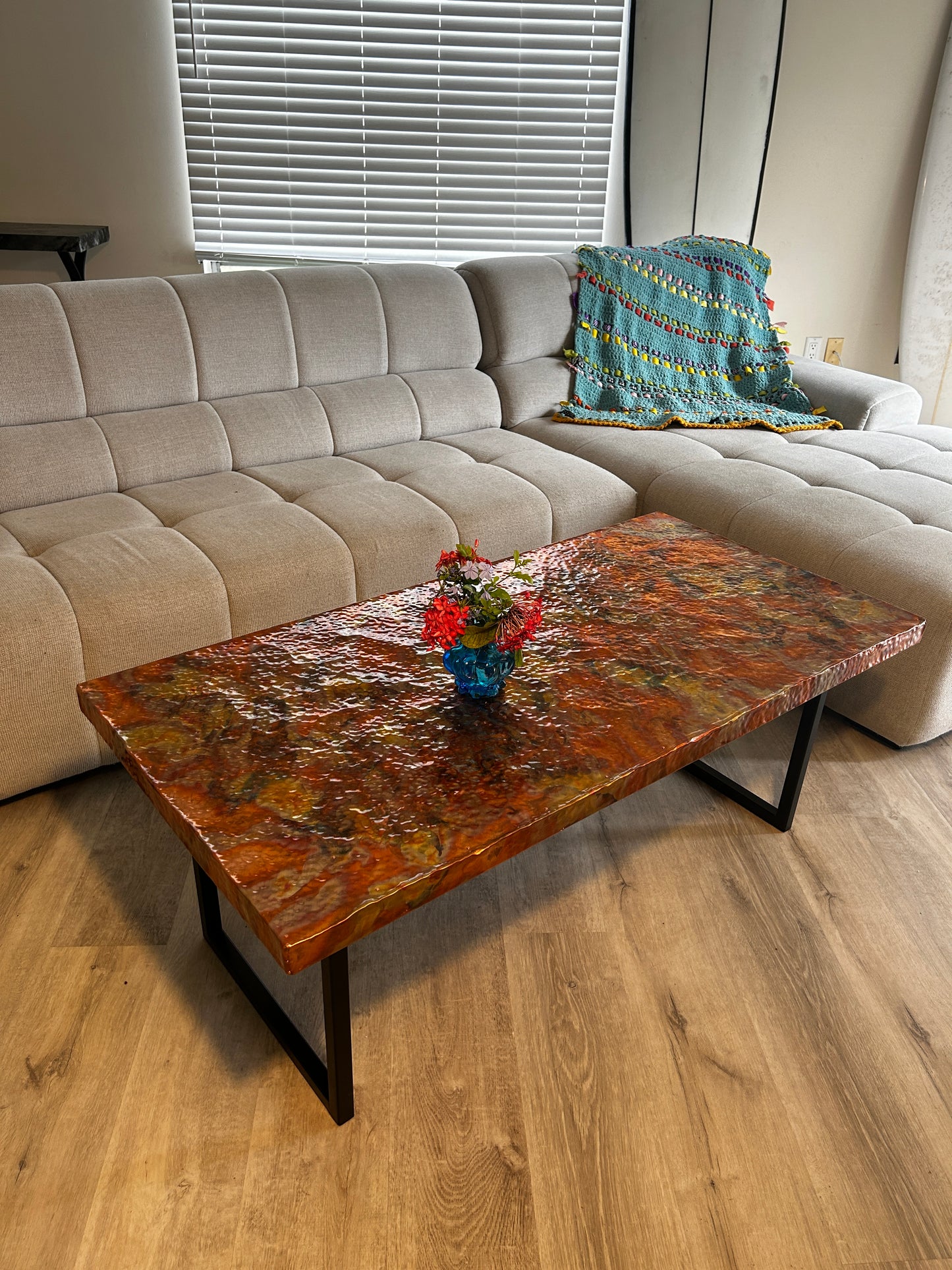 Outdoor Hammered Copper and Steel Coffee Table