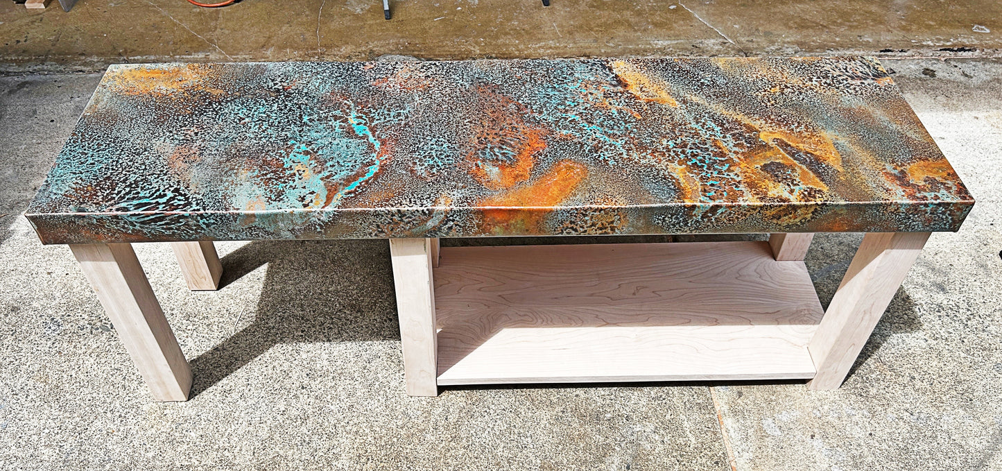 Modern Maple & Copper Console, Unique Home Decor, Handcrafted with a Turquoise Patina