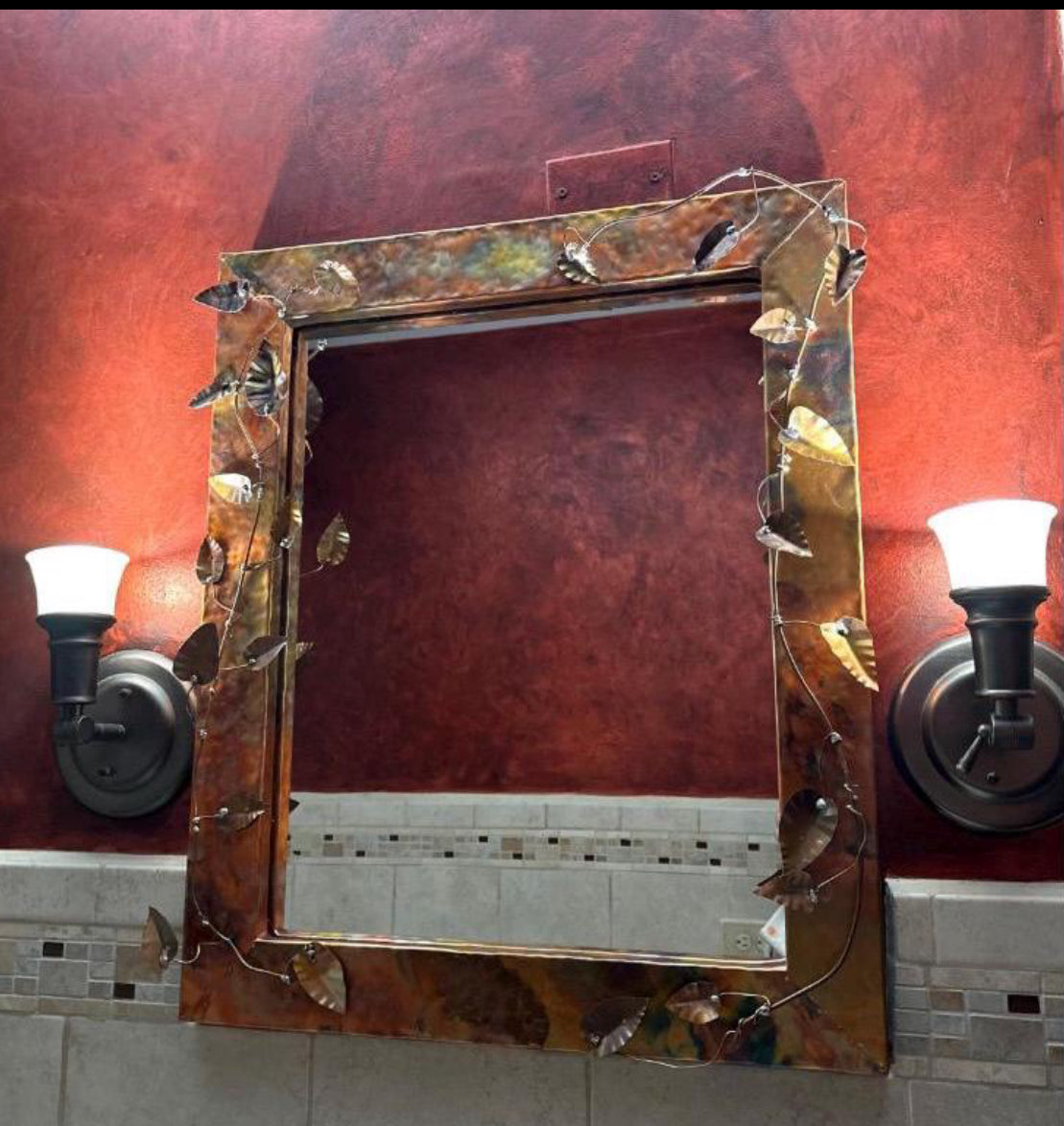 Hammered Copper Mirror with Vines and Leaves