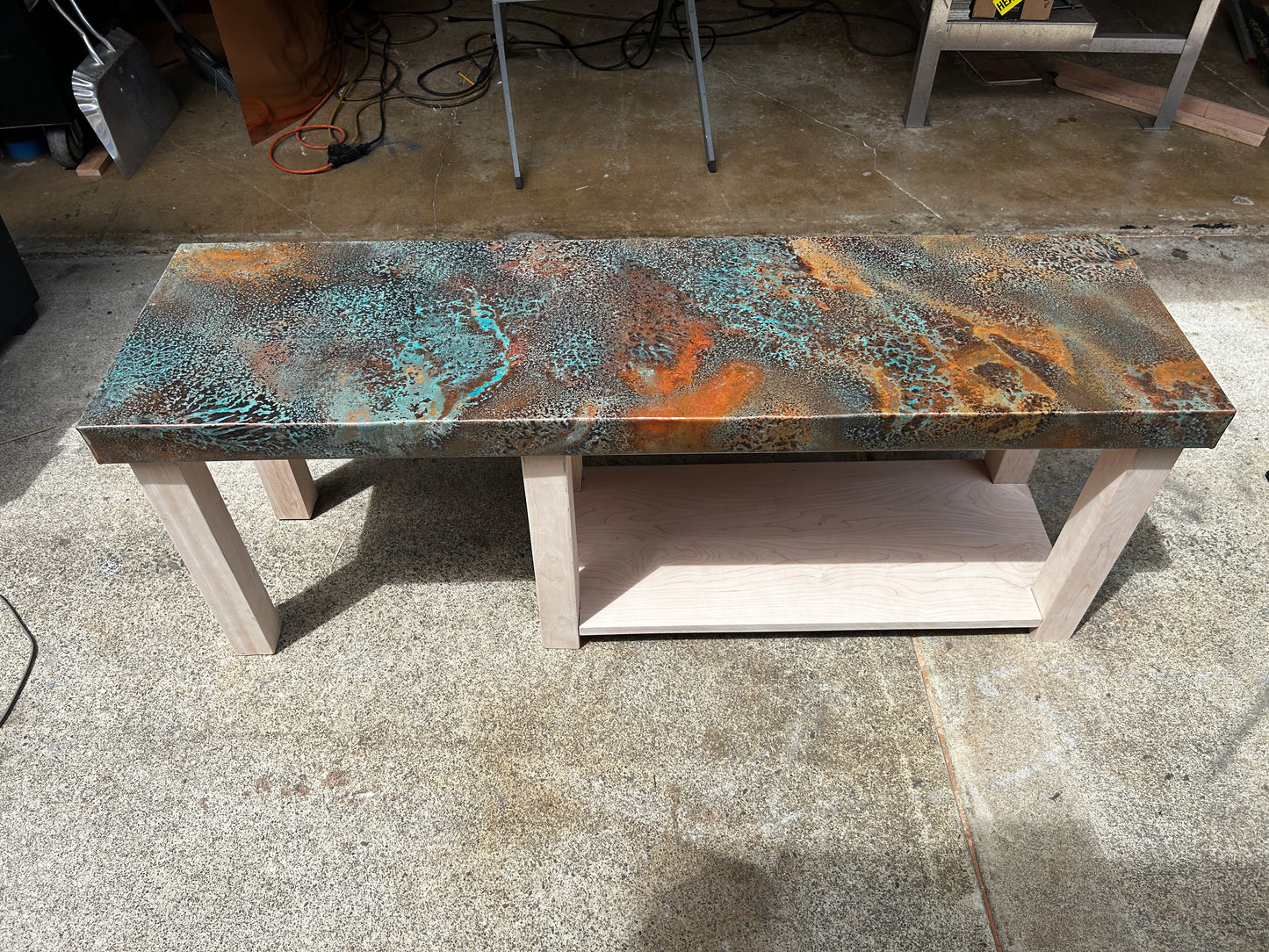 Modern Maple & Copper Console, Unique Home Decor, Handcrafted with a Turquoise Patina