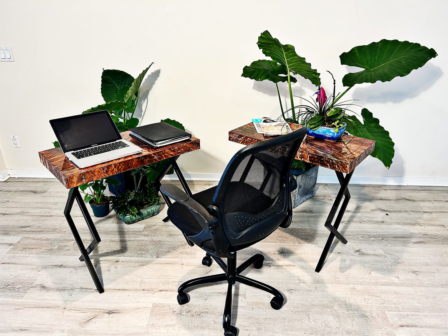 Waikiki Hammered Copper Side Table or Small Desk with Modern Steel Legs