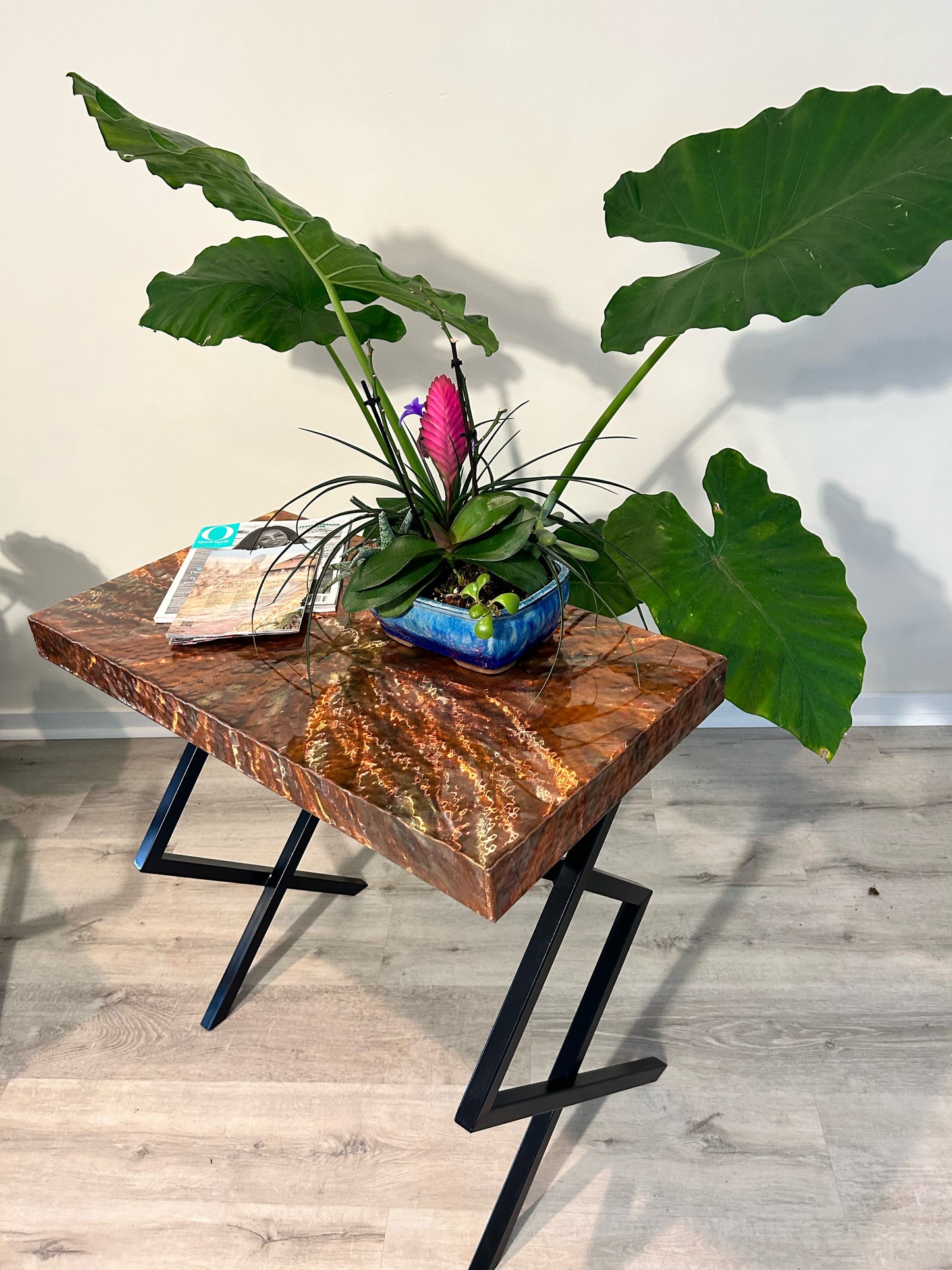 Waikiki Hammered Copper Side Table or Small Desk with Modern Steel Legs