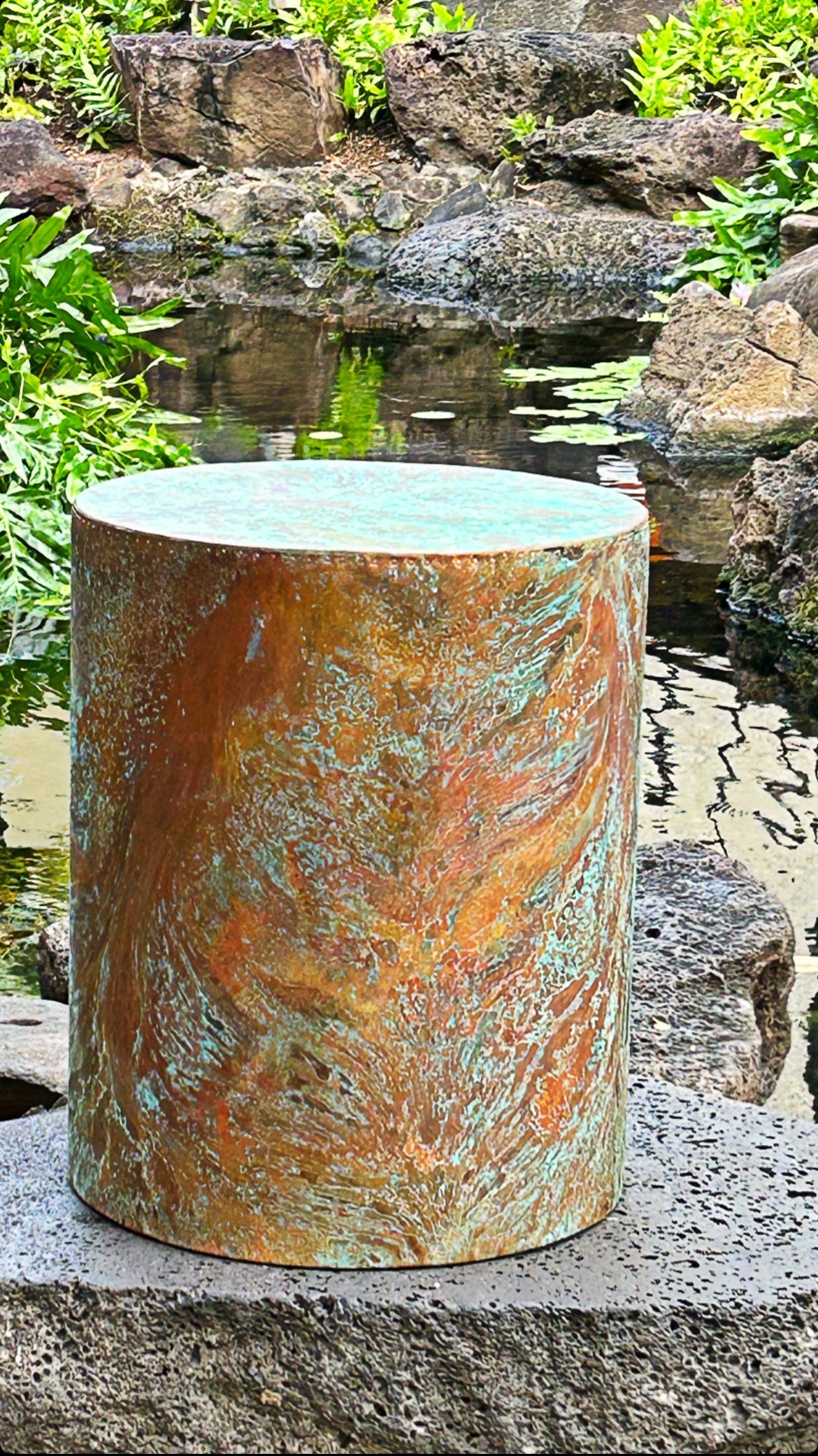 Modern copper drum side table with turquoise accents, handcrafted in Hawaii.