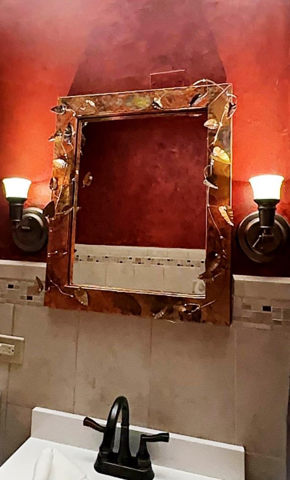 Hammered Copper Mirror with Vines and Leaves