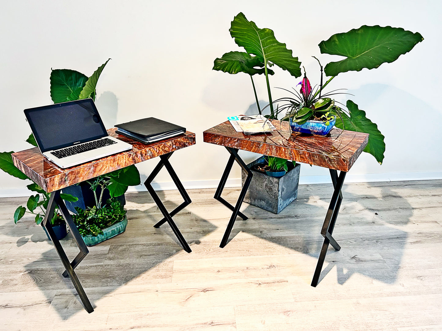 Waikiki Hammered Copper Side Table or Small Desk with Modern Steel Legs