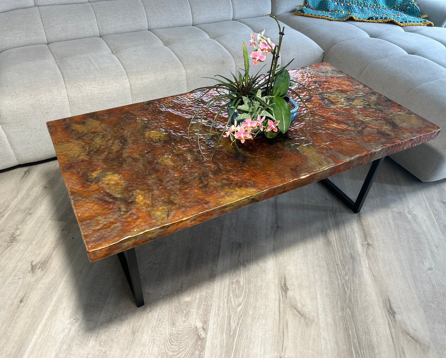 Outdoor Hammered Copper and Steel Coffee Table