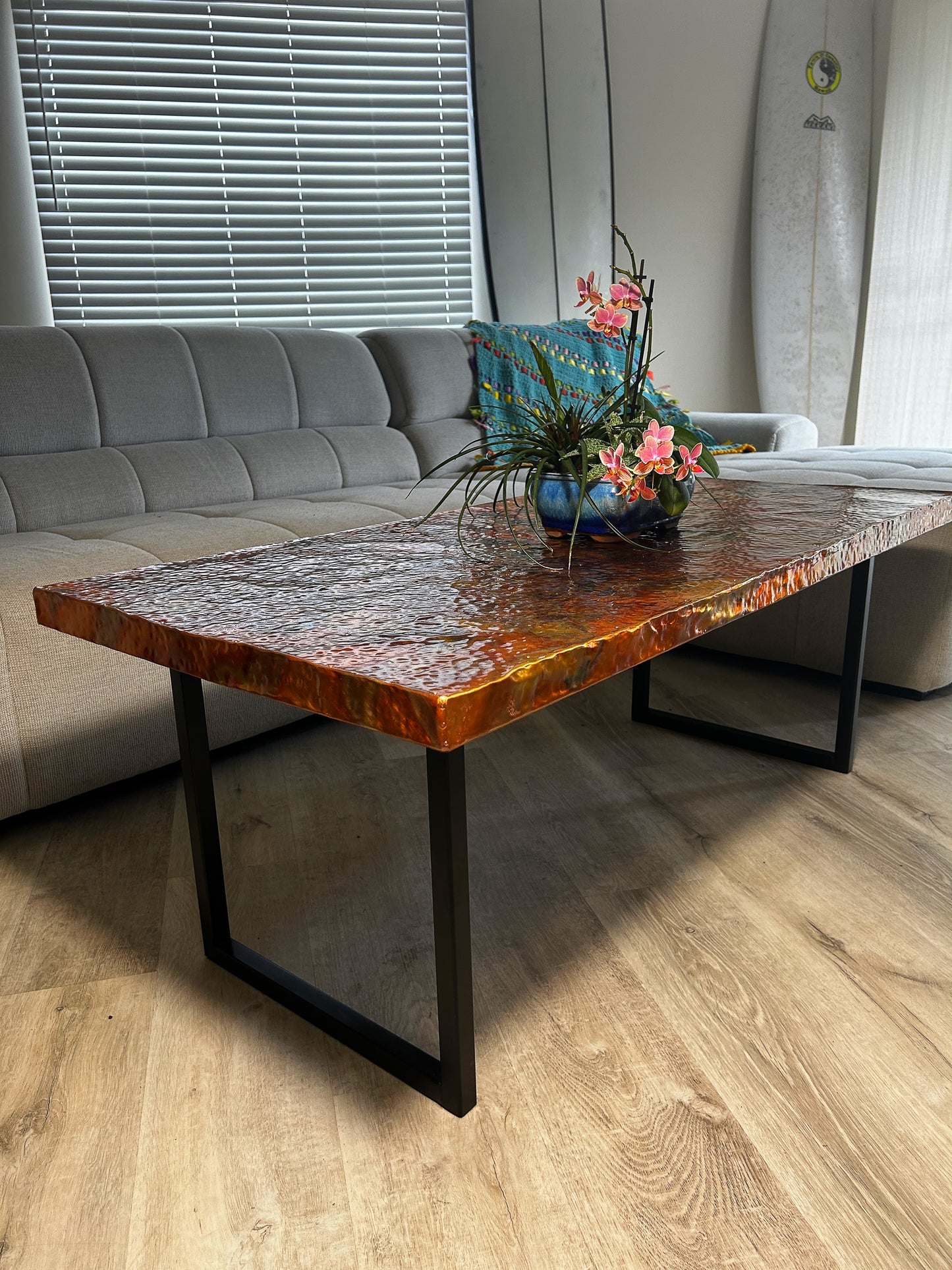 Outdoor Hammered Copper and Steel Coffee Table