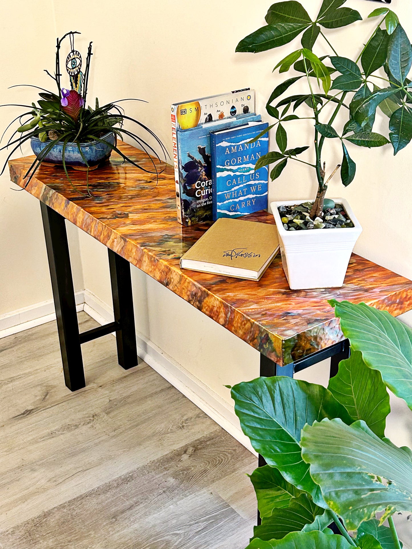 Copper and Steel Console Table, Modern Metal Art