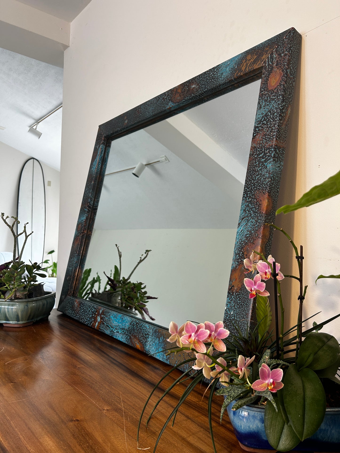 Large Copper Mirror with Turquoise Accents, Mirror Wall Art, Unique Copper Home Decor