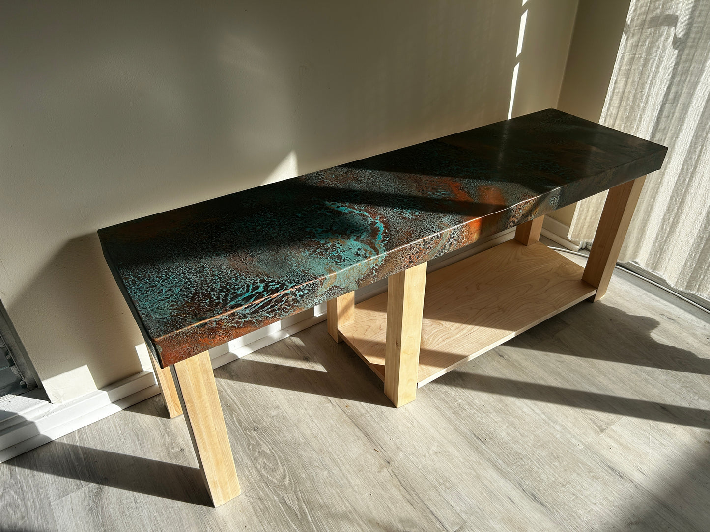 Modern Maple & Copper Console, Unique Home Decor, Handcrafted with a Turquoise Patina