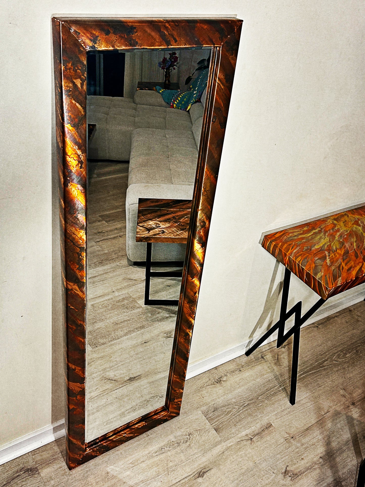 Copper and Steel Console Table, Copper Decor, Unique Home Decor, Flame-Painted Copper, Abstract Metal Art