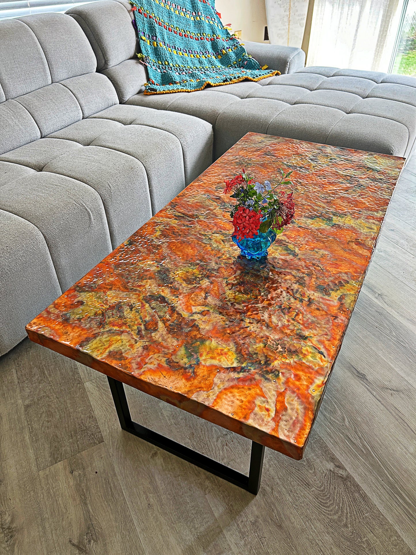 Outdoor Hammered Copper and Steel Coffee Table