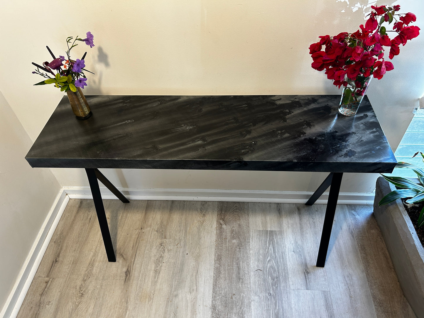 Contemporary Zinc Console Table with Unique Metal Legs, Abstract Art hand made in Hawaii