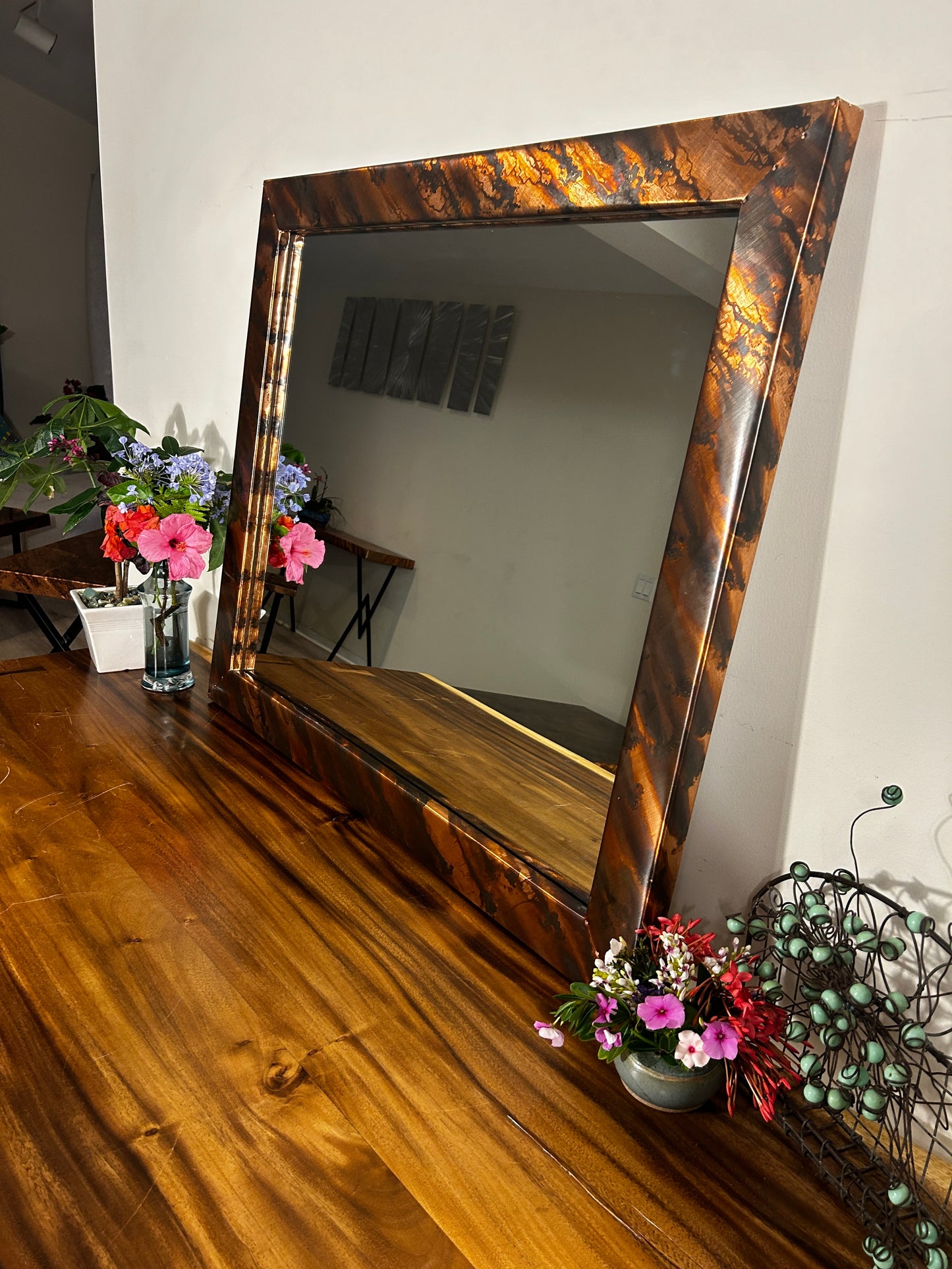 Large Handcrafted Copper Mirror with Patina Finish a Unique Home Decor, Vanity Mirror, Custom Frame, Mirror Wall Art from Hawaii