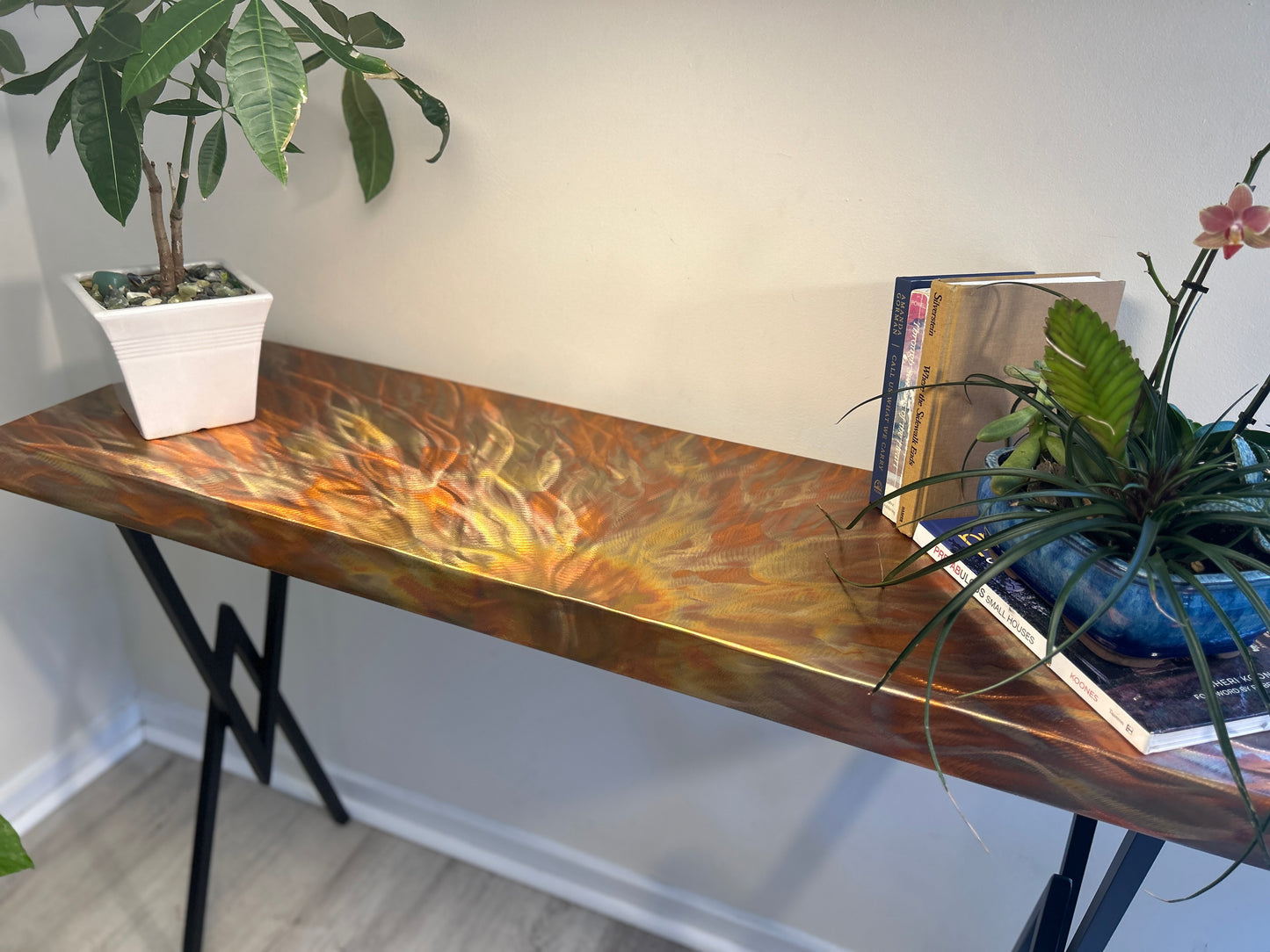 Copper and Steel Console Table, Copper Decor, Unique Home Decor, Flame-Painted Copper, Abstract Metal Art