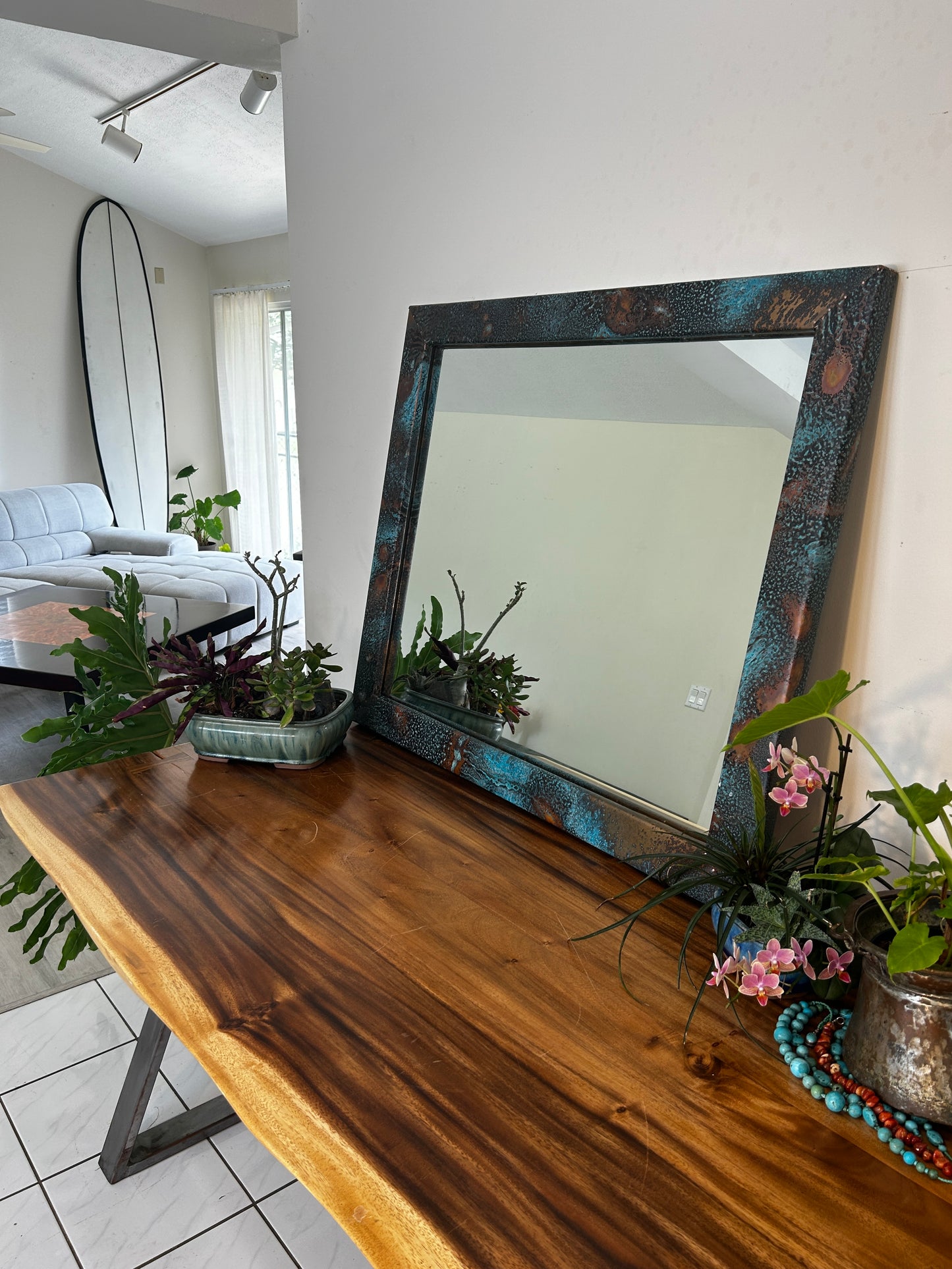 Large Copper Mirror with Turquoise Accents, Mirror Wall Art, Unique Copper Home Decor