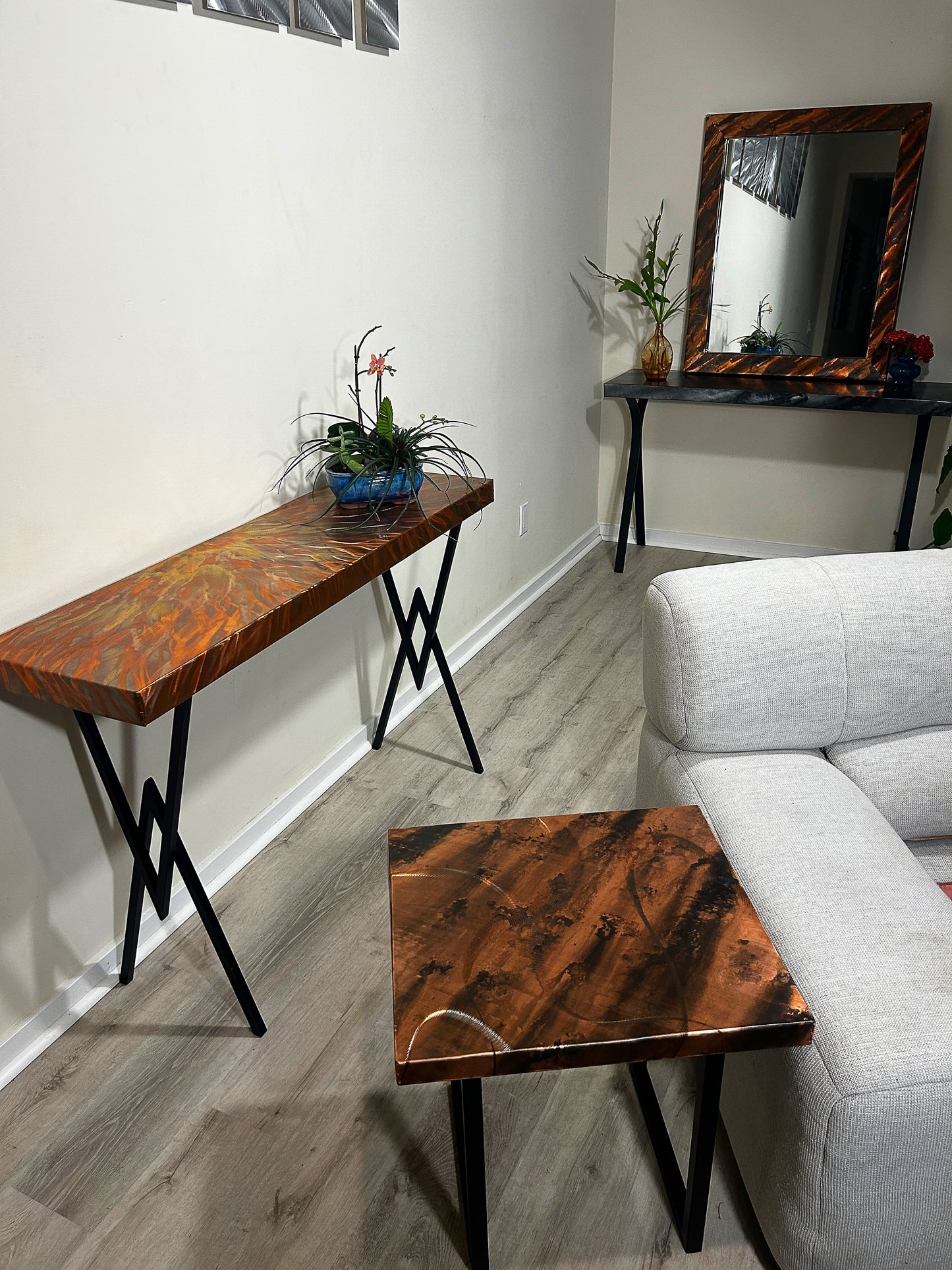 Copper and Steel Console Table, Copper Decor, Unique Home Decor, Flame-Painted Copper, Abstract Metal Art