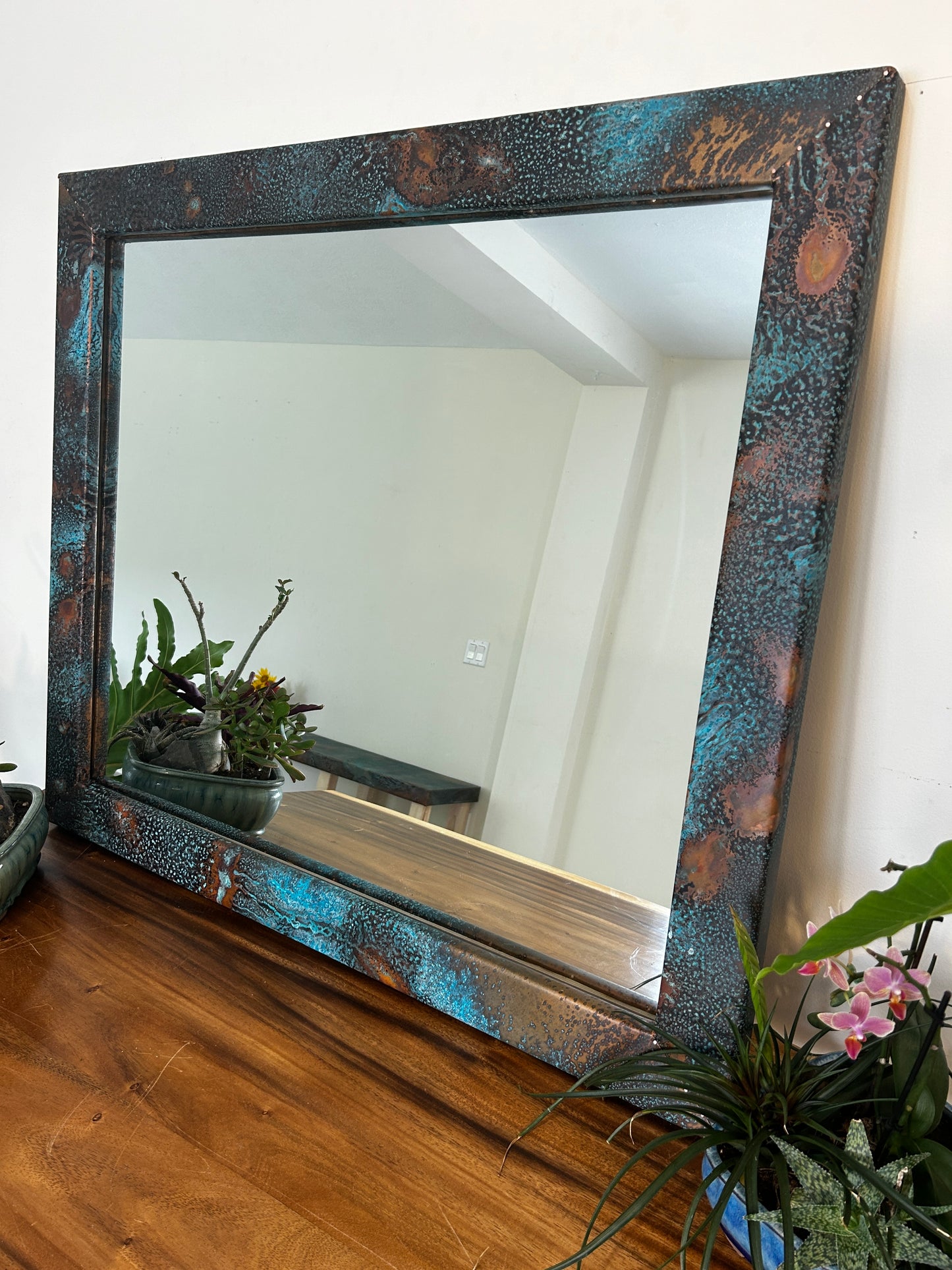 Large Copper Mirror with Turquoise Accents, Mirror Wall Art, Unique Copper Home Decor