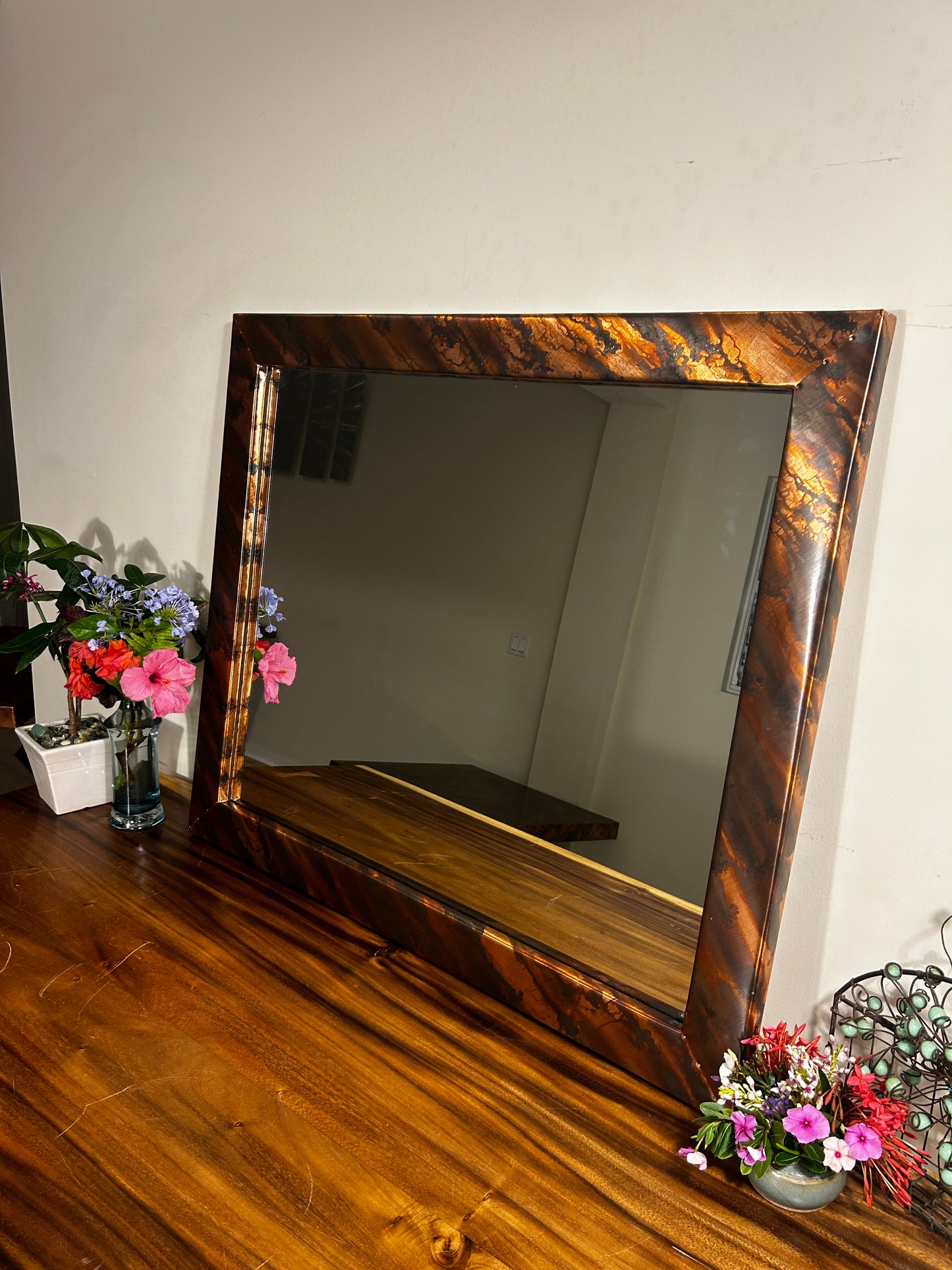 Large Handcrafted Copper Mirror with Patina Finish a Unique Home Decor, Vanity Mirror, Custom Frame, Mirror Wall Art from Hawaii