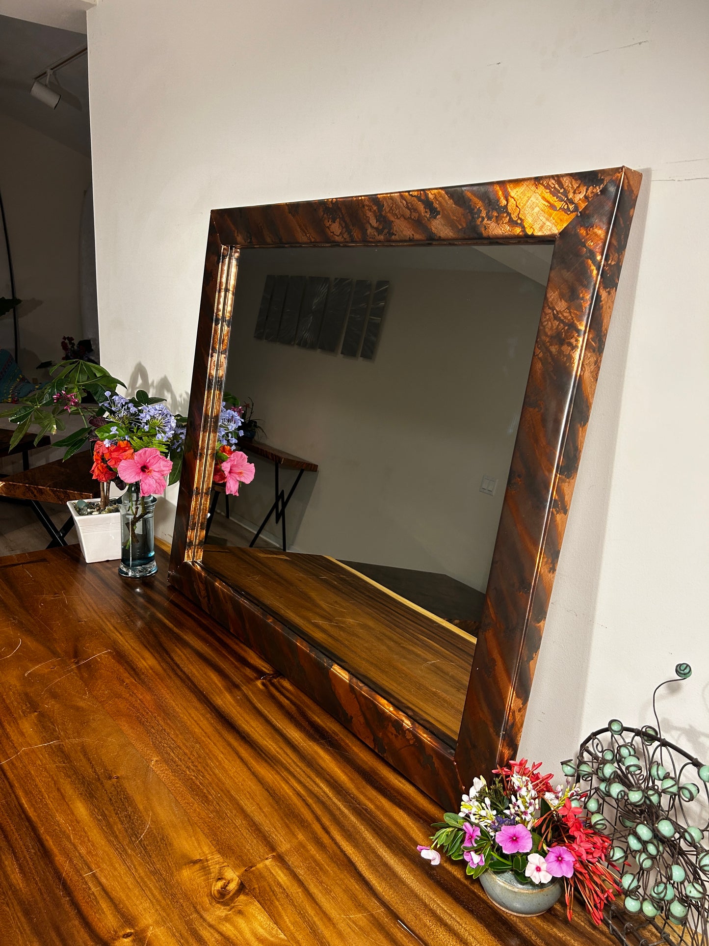 Large Handcrafted Copper Mirror with Patina Finish a Unique Home Decor, Vanity Mirror, Custom Frame, Mirror Wall Art from Hawaii