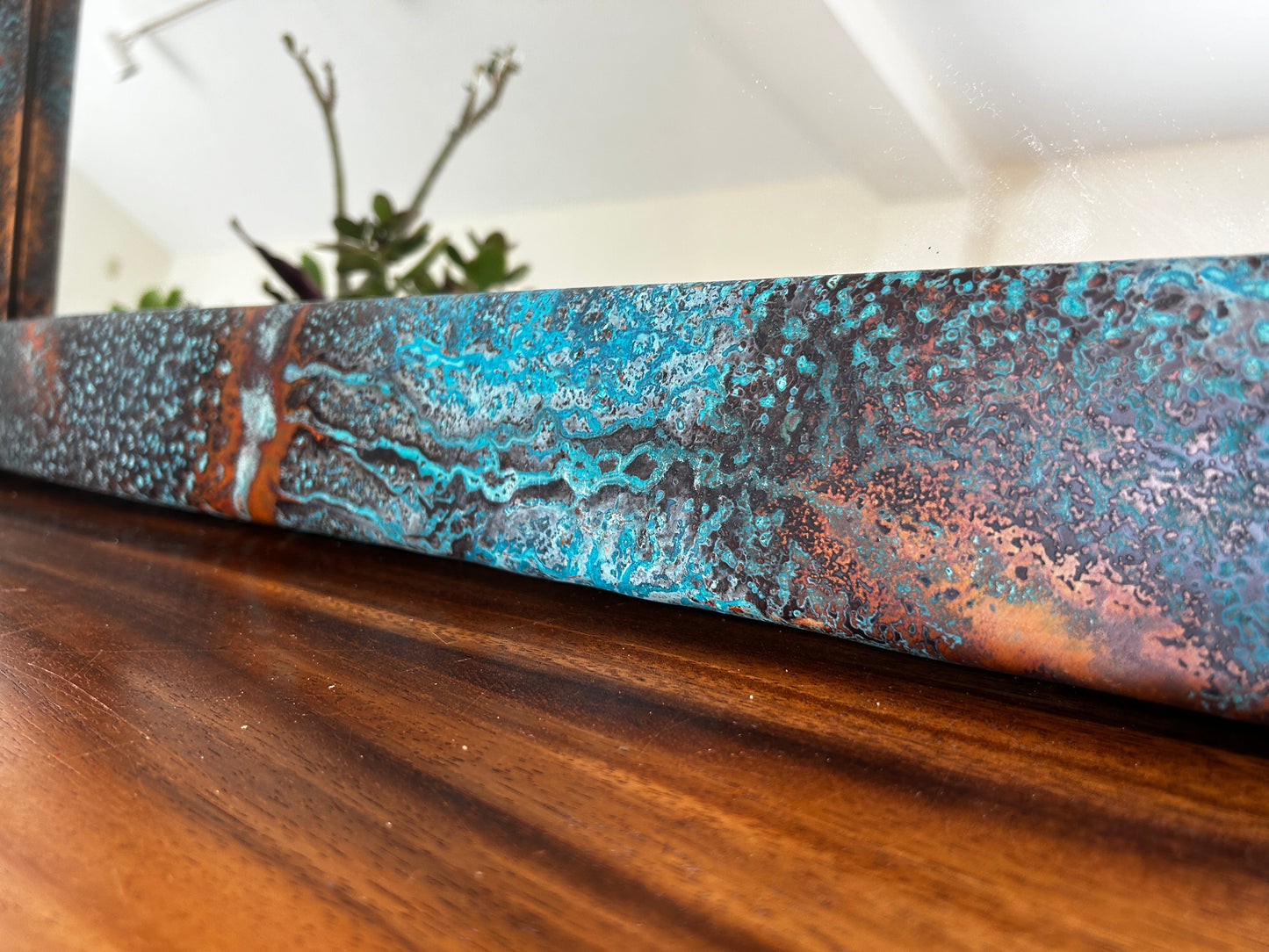 Large Copper Mirror with Turquoise Accents, Mirror Wall Art, Unique Copper Home Decor