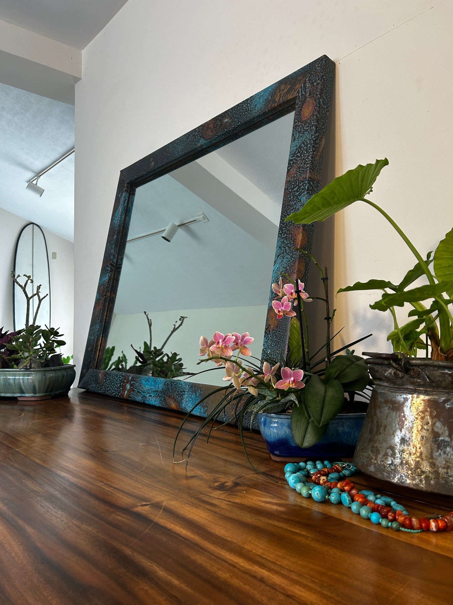 Large Copper Mirror with Turquoise Accents, Mirror Wall Art, Unique Copper Home Decor