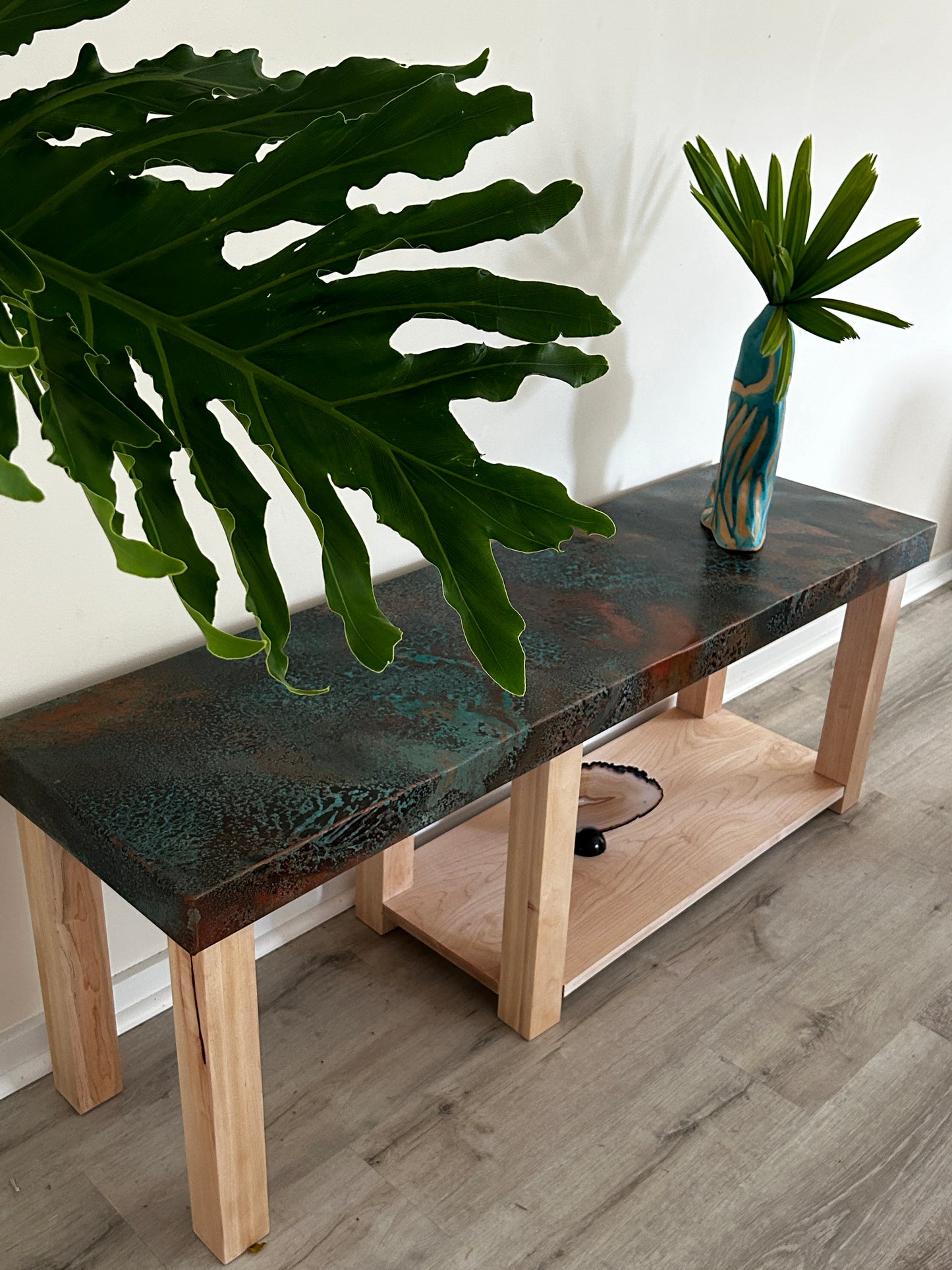 Modern Maple & Copper Console, Unique Home Decor, Handcrafted with a Turquoise Patina
