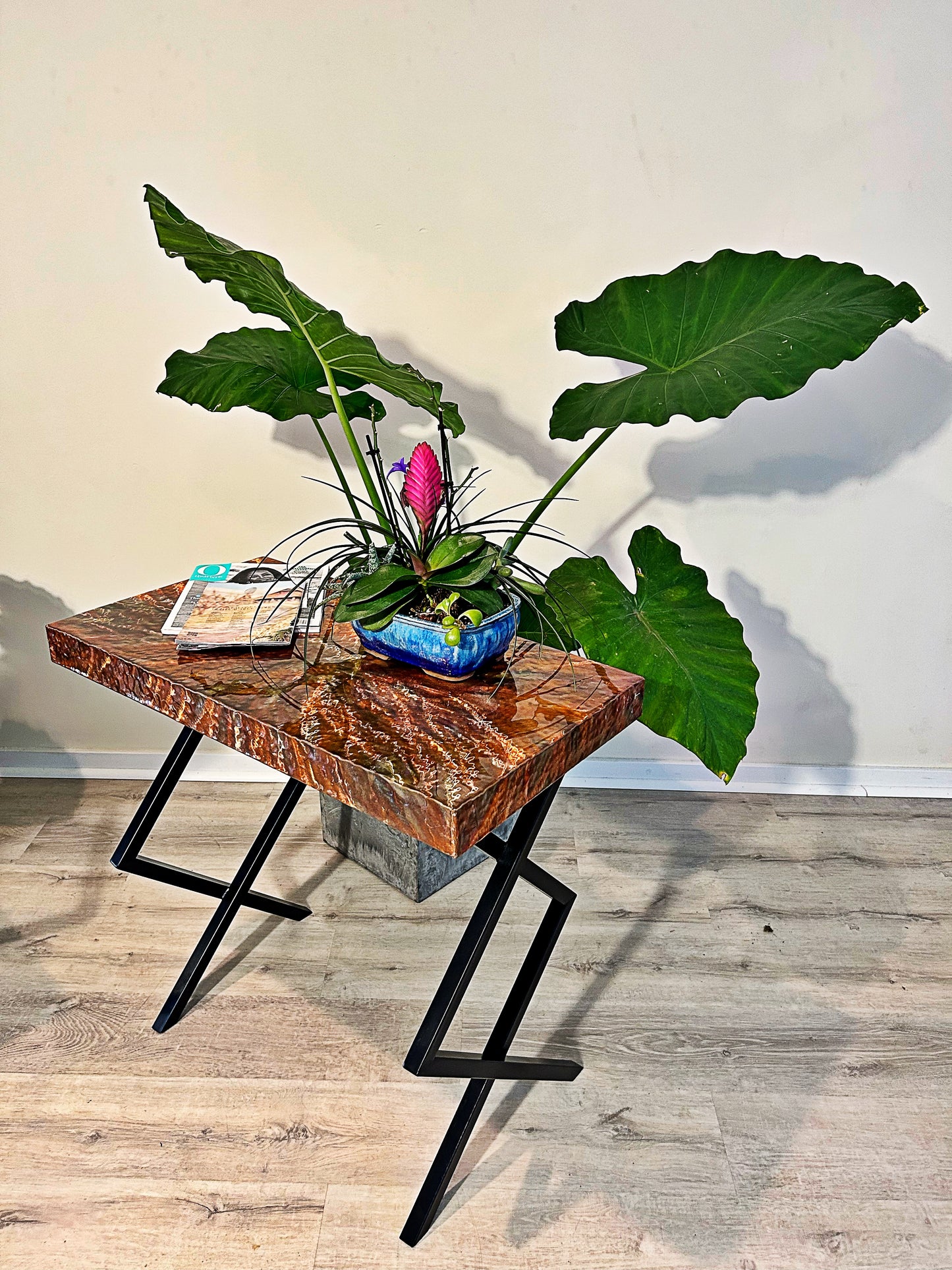 Waikiki Hammered Copper Side Table or Small Desk with Modern Steel Legs