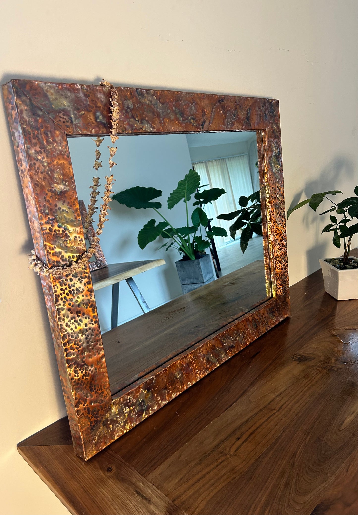 Unique Modern Copper Mirror Hammered & Flame-Painted