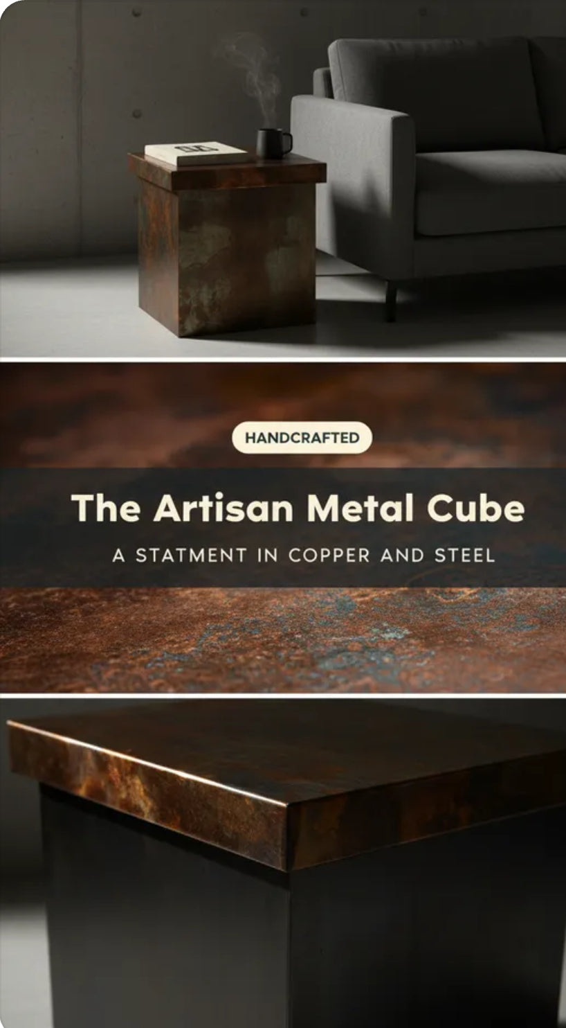 Contemporary Copper and Steel Cube, Square Copper End Table, Modern Metal Furniture, Unique Home Decor