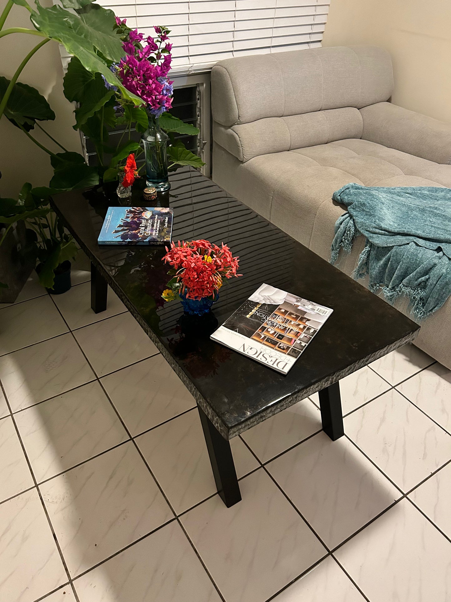Zinc Coffee Table with Patina Wash Black Steel Legs