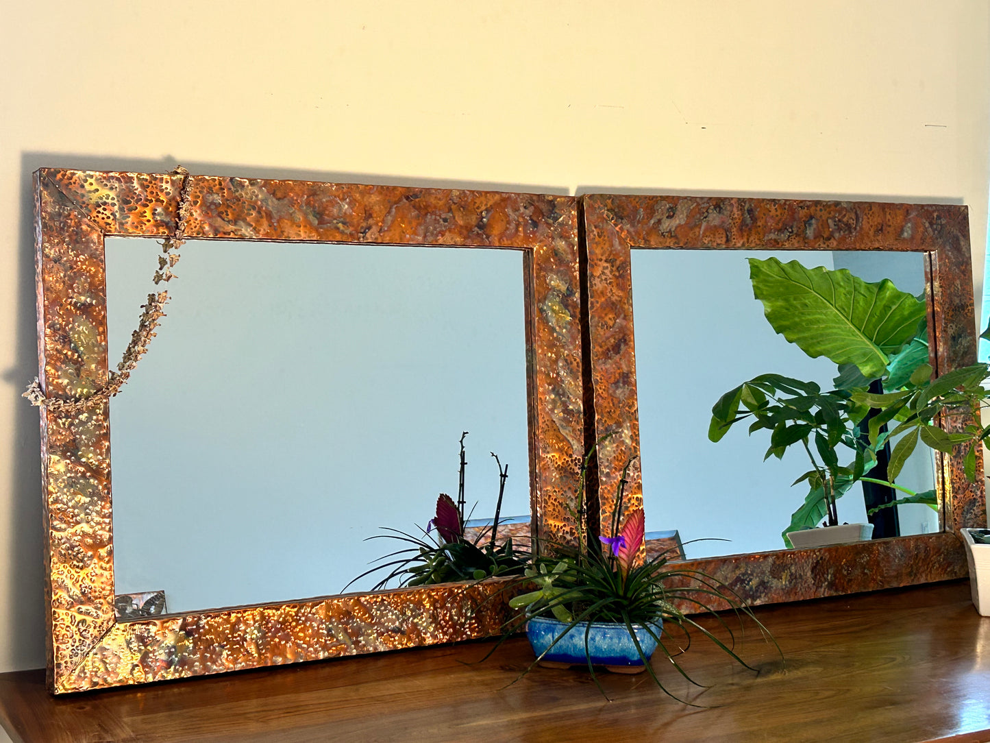 Unique Modern Copper Mirror Hammered & Flame-Painted