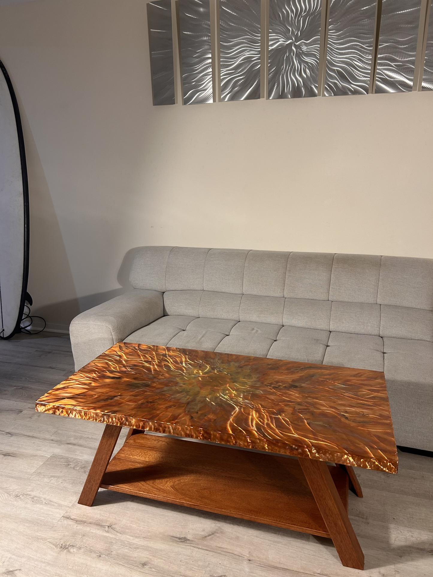 Large Copper Coffee Table made of Mahogany with shelf