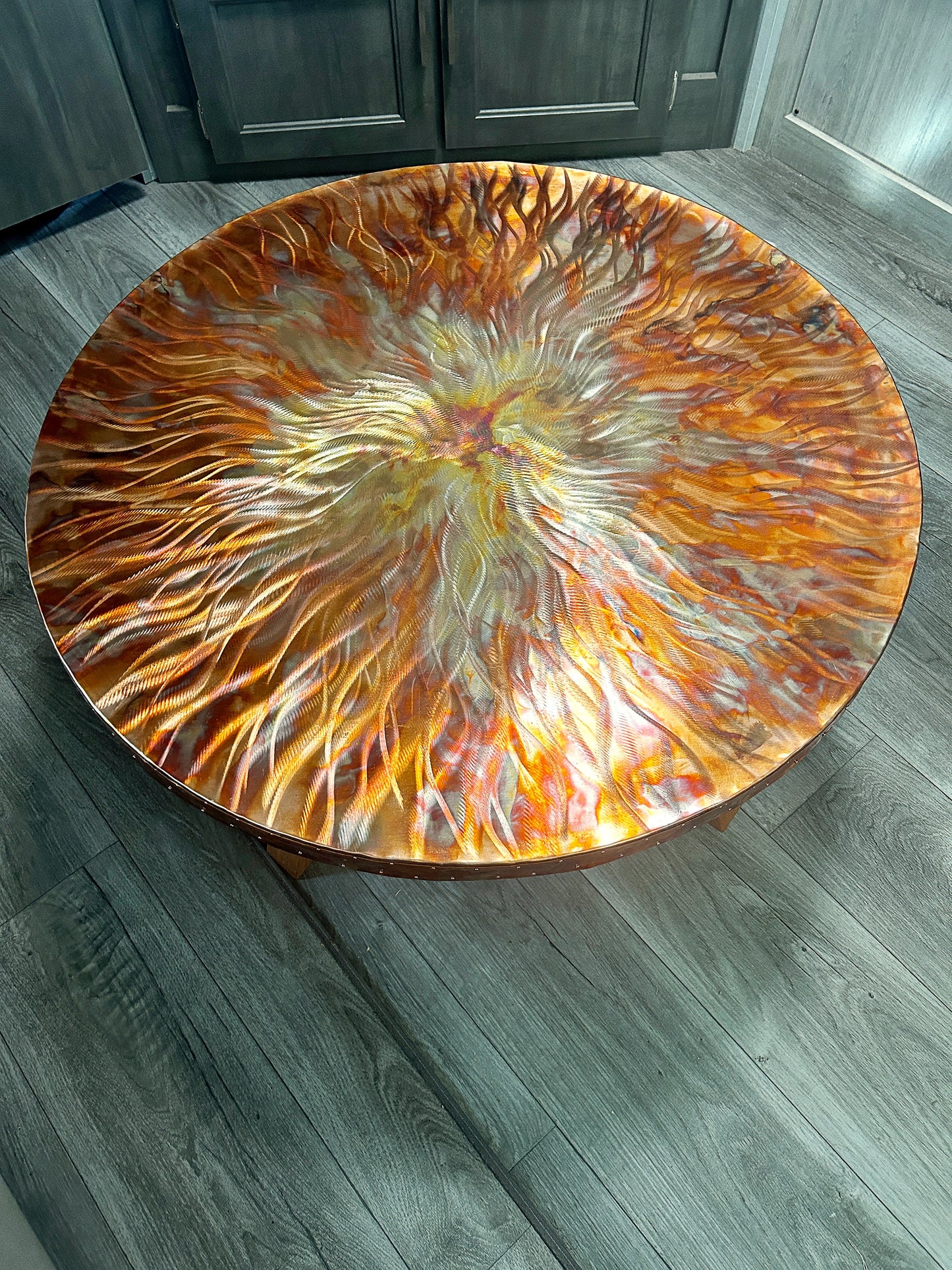 Artistic Copper Table Top - Contemporary Copper Round Table, Modern Metal and Mahogany Design,   Round Copper Table Top, Stylish Round Table