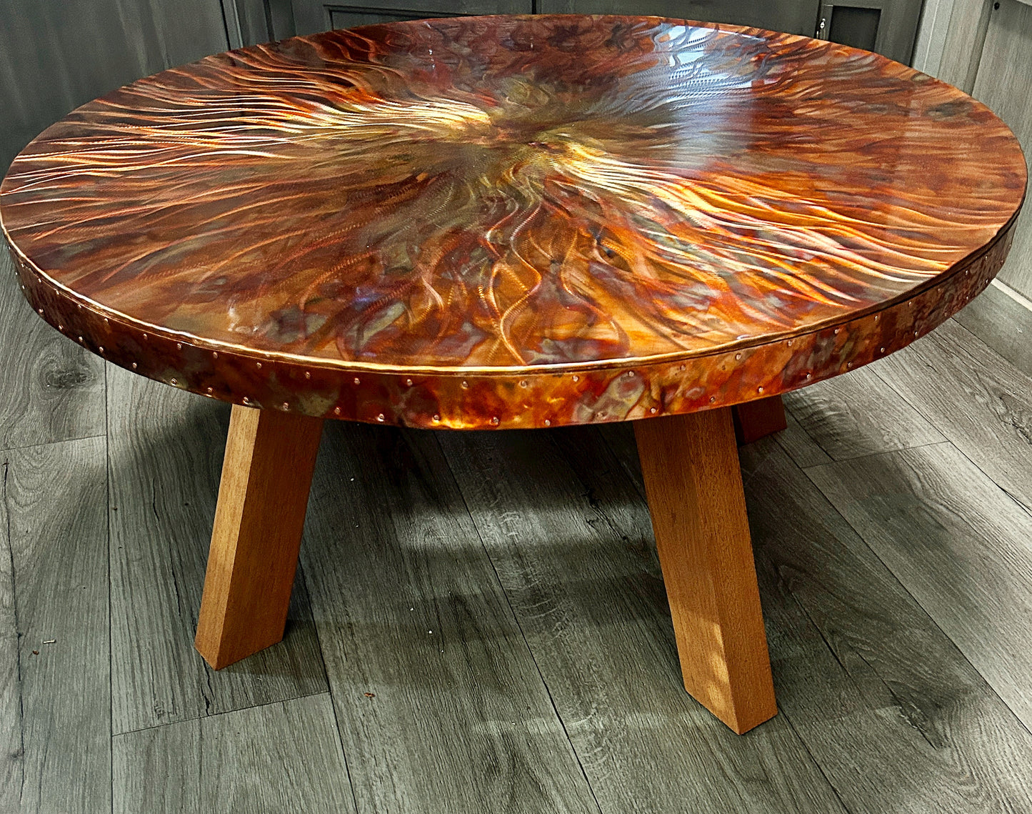 Artistic Copper Table Top - Contemporary Copper Round Table, Modern Metal and Mahogany Design,   Round Copper Table Top, Stylish Round Table