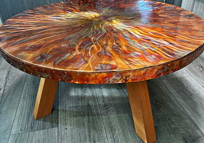 Artistic Copper Table Top - Contemporary Copper Round Table, Modern Metal and Mahogany Design,   Round Copper Table Top, Stylish Round Table