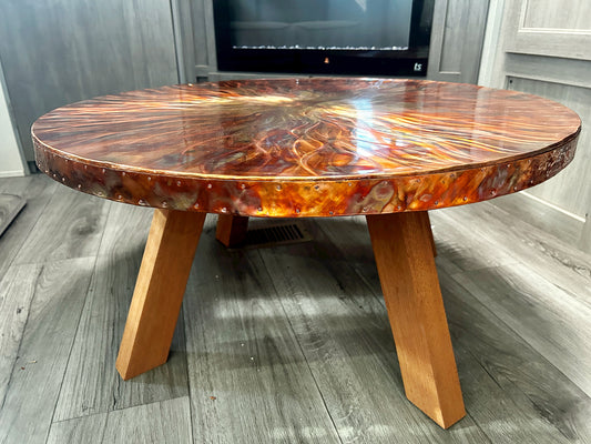 Artistic Copper Table Top - Contemporary Copper Round Table, Modern Metal and Mahogany Design,   Round Copper Table Top, Stylish Round Table