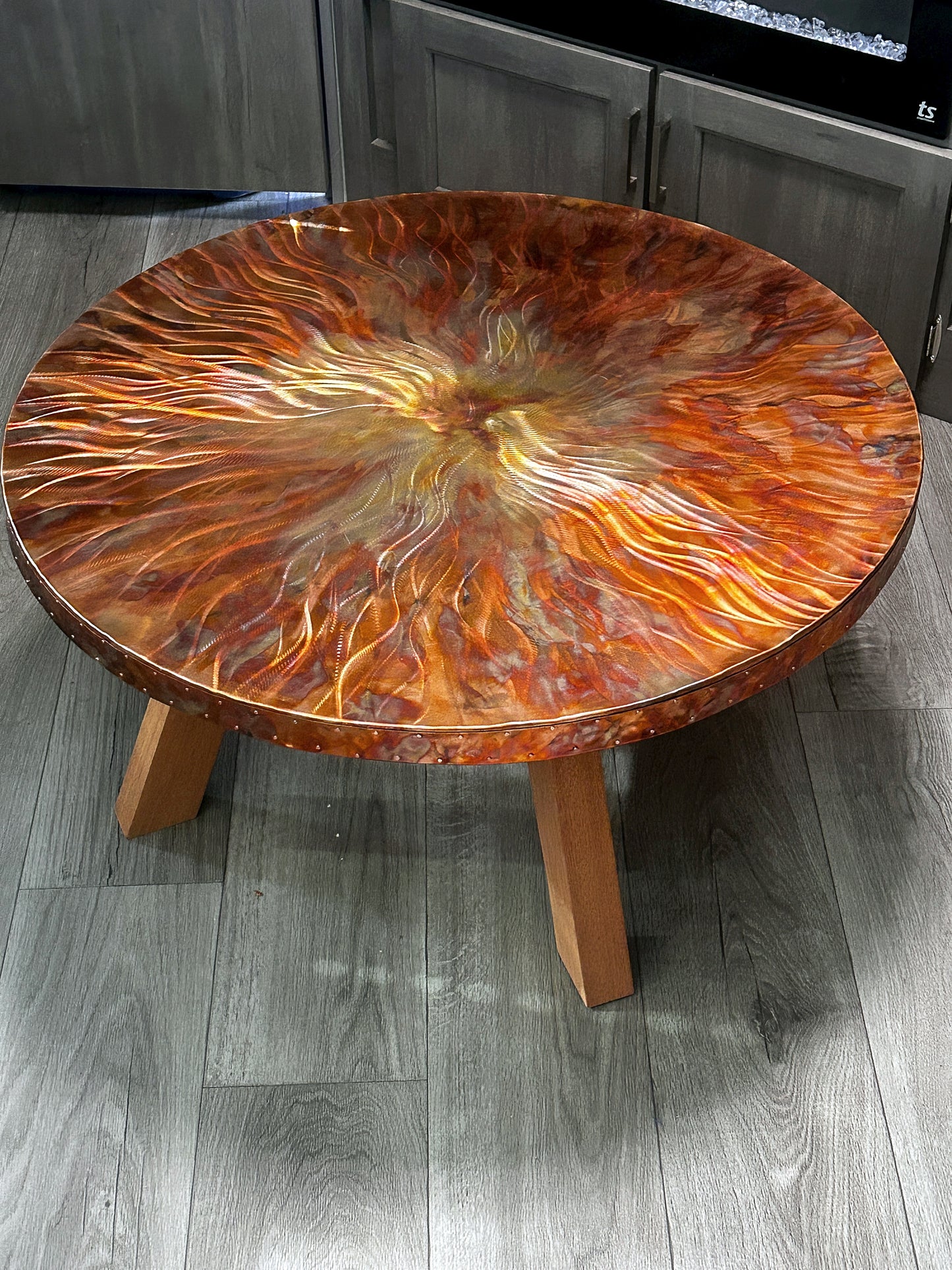 Artistic Copper Table Top - Contemporary Copper Round Table, Modern Metal and Mahogany Design,   Round Copper Table Top, Stylish Round Table